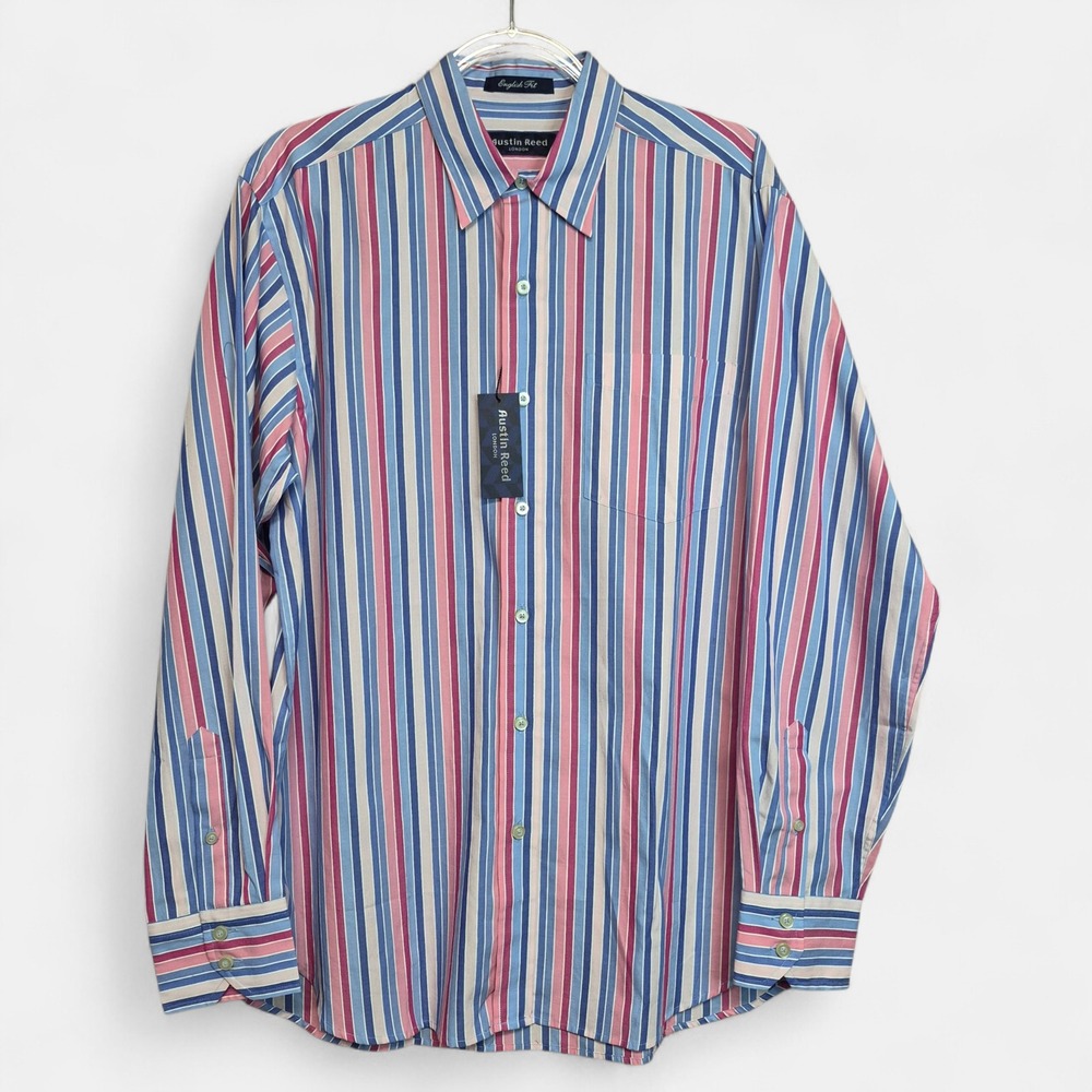 Austin Reed London Mens M English Fit Striped Button Down Shirt Blue Pink Cotton